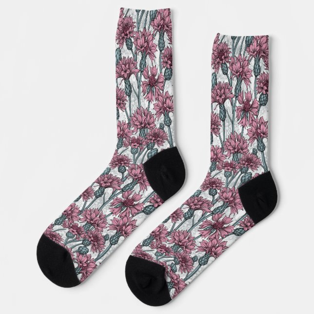 Pink cornflowers, wild flowers on white socks (Left)
