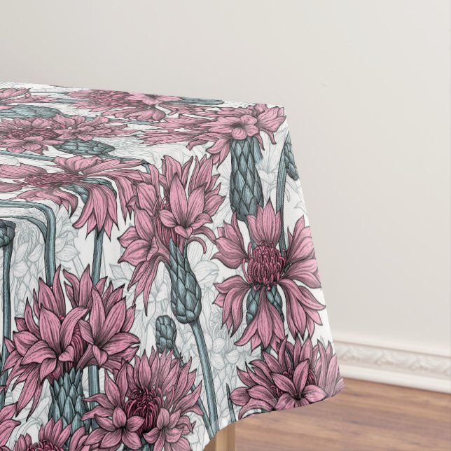 Pink cornflowers, wild flowers on white tablecloth (In Situ)