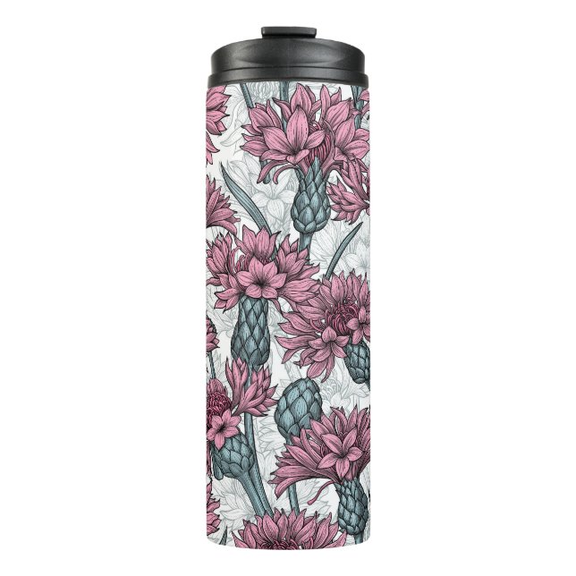 Pink cornflowers, wild flowers on white thermal tumbler (Front)