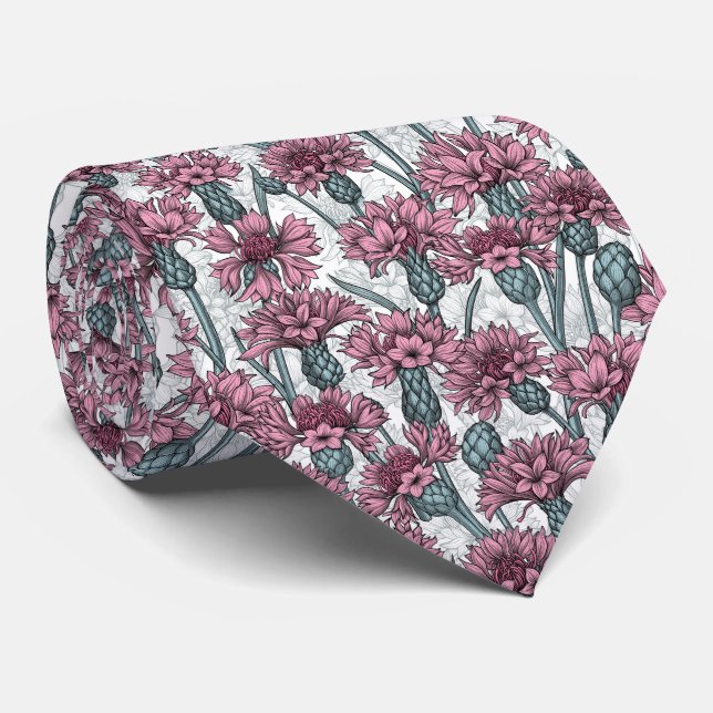 Pink cornflowers, wild flowers on white tie (Rolled)