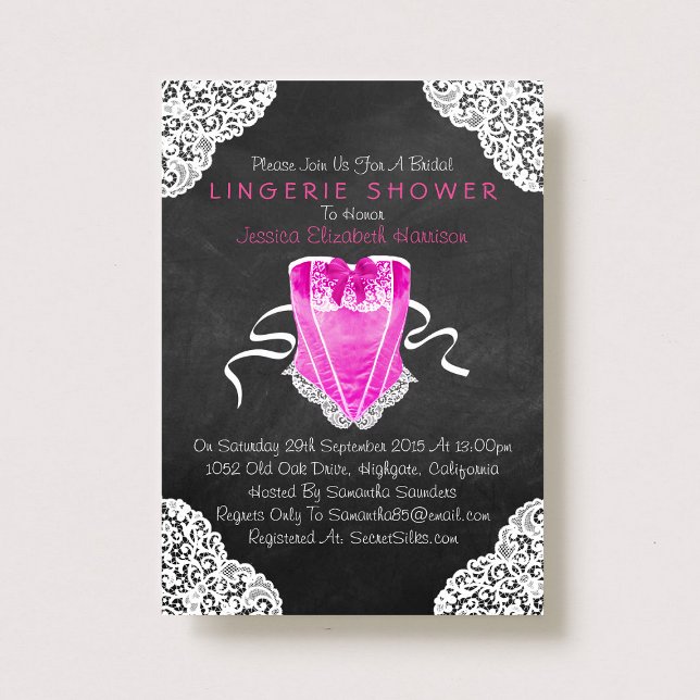 Pink Corset White Lace Chalkboard Lingerie Shower Invitation (Creator Uploaded)