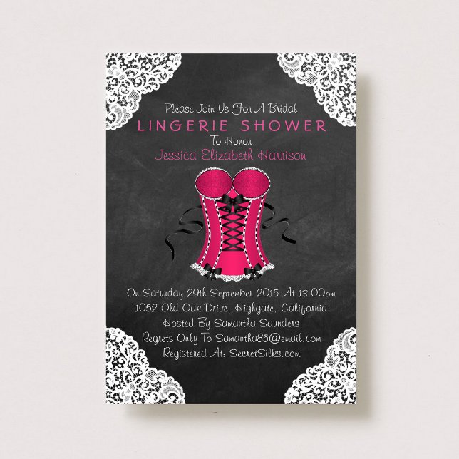 Pink Corset White Lace Chalkboard Lingerie Shower Invitation (Creator Uploaded)