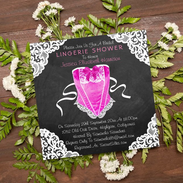 Pink Corset White Lace Chalkboard Lingerie Shower Invitation (Creator Uploaded)