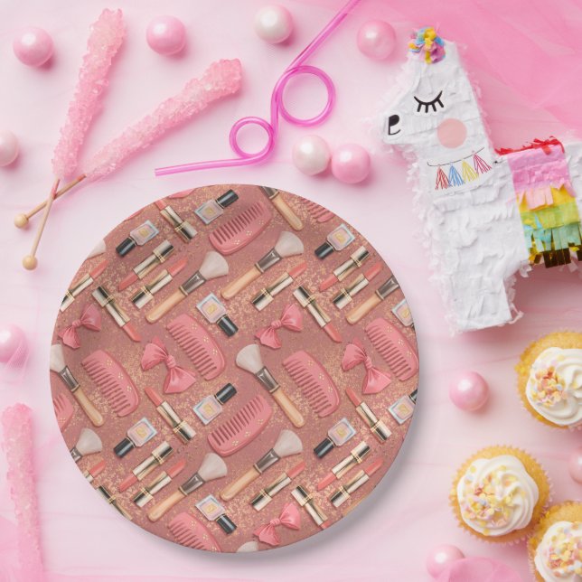 Pink Cosmetics Pattern Glitter  Paper Plate (Party)