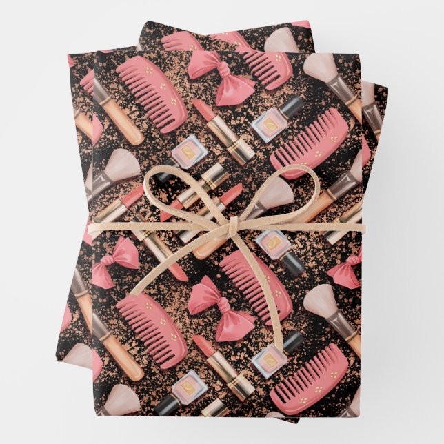 Pink Cosmetics Pattern Glitter  Wrapping Paper Sheet (In situ)