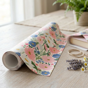 Pink Cosmos and Blue Wildflowers Botanical Wrapping Paper