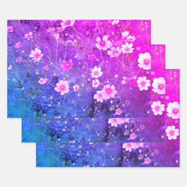 Pink Cosmos bipinnatus Flowers in Full Bloom Wrapping Paper Sheet (Set)