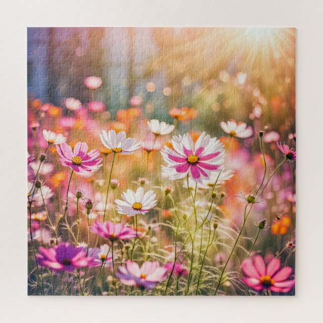 Pink Cosmos Flower Garden Jigsaw Puzzle (Vertical)