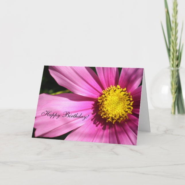 Pink Cosmos Flower Happy Birthday Card (Front)