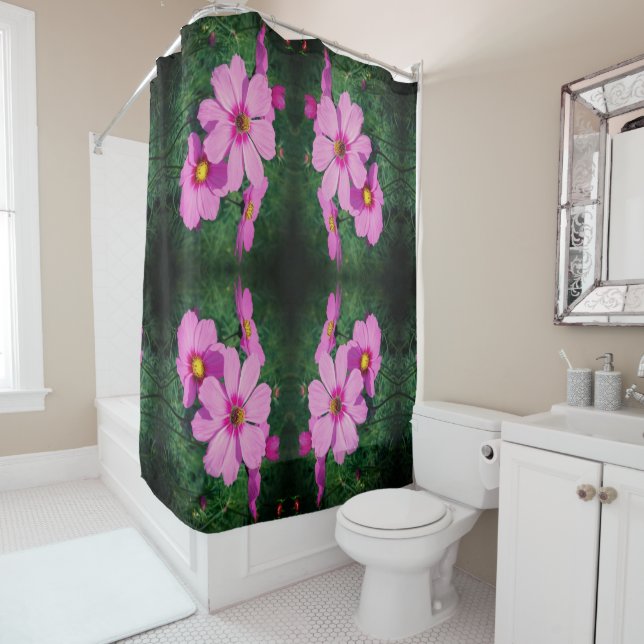 Pink Cosmos Flowers Abstract Shower Curtain (In Situ)