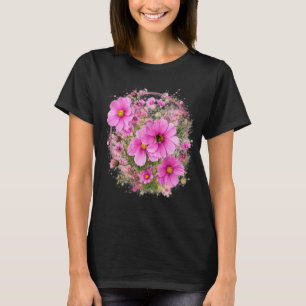 Pink Cosmos Flowers and Bumblebee Botanical Art Wa T-Shirt