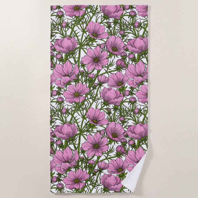 Pink Cosmos flowers Beach Towel (Front)