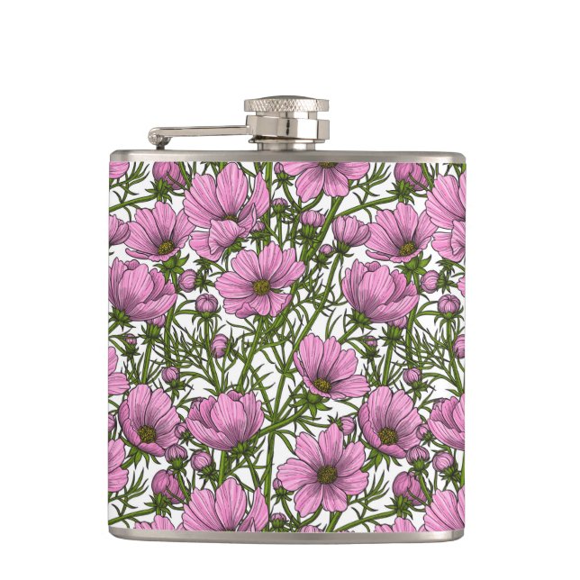Pink Cosmos flowers Hip Flask (Front)