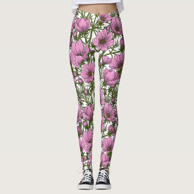 Pink Cosmos flowers Leggings (Front)