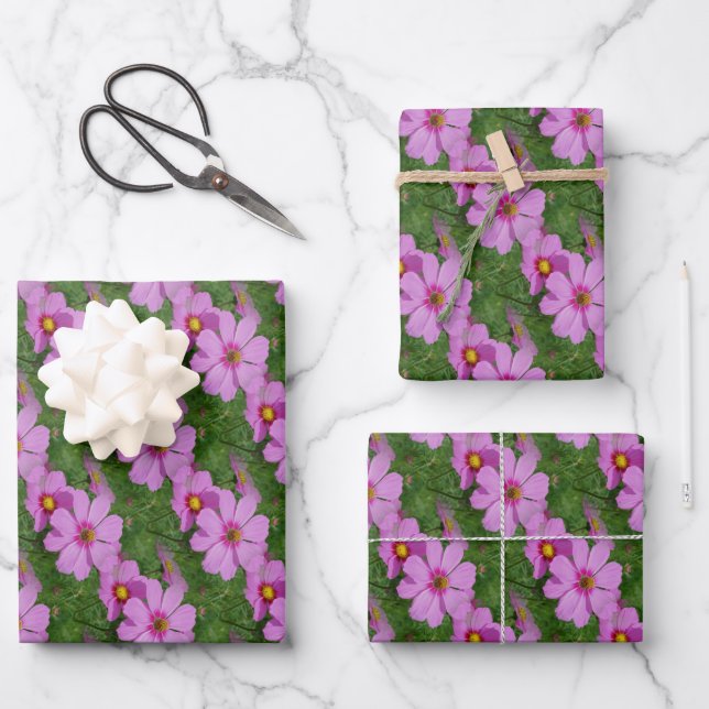 Pink Cosmos Flowers Nature Pattern  Wrapping Paper Sheet (Front)