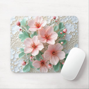 Pink Cosmos Flowers On Bridal Lace Mouse Mat