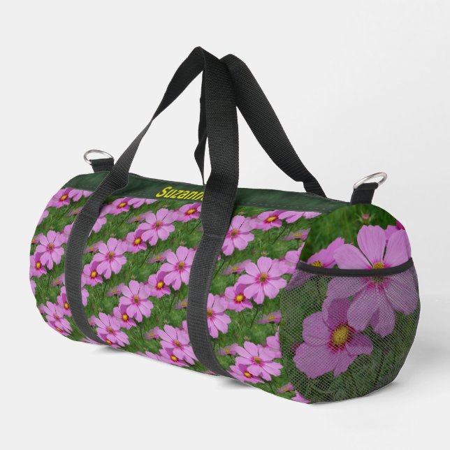 Pink Cosmos Flowers Pattern Personalised   Duffle Bag (Right Corner)