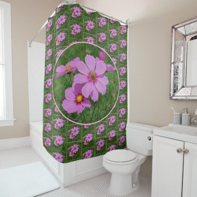 Pink Cosmos Flowers Pattern    Shower Curtain (In Situ)