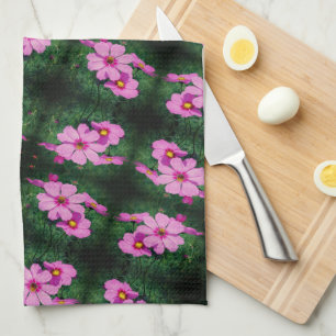 Pink Cosmos Flowers Pattern  Tea Towel