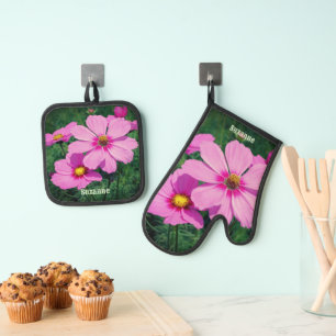 Pink Cosmos Flowers Personalised Oven Mitt & Pot Holder Set