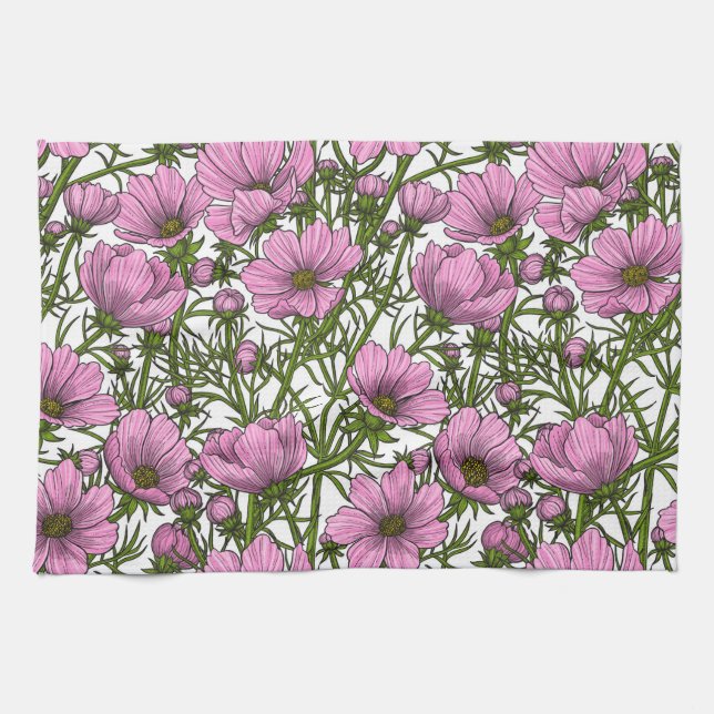 Pink Cosmos flowers Tea Towel (Horizontal)