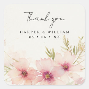 Pink cosmos flowers wedding thank you square sticker