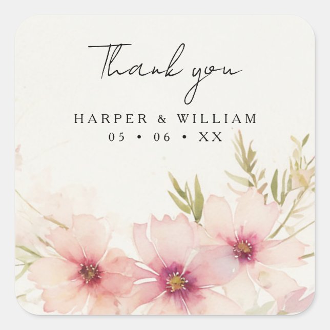 Pink cosmos flowers wedding thank you square sticker (Front)
