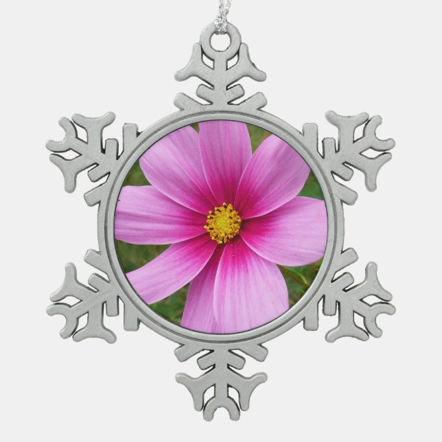 Pink Cosmos Flowers Wildflower Snowflake Pewter Christmas Ornament (Front)