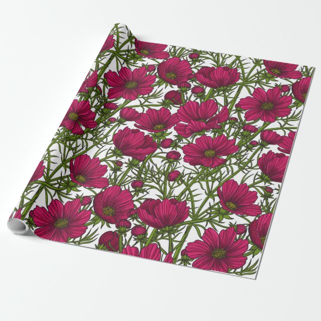 Pink Cosmos flowers Wrapping Paper (Unrolled)