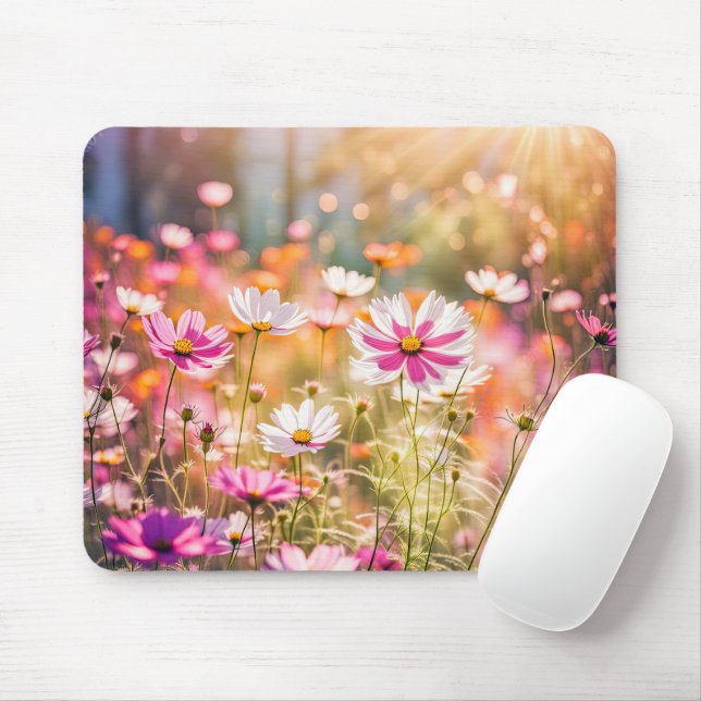 Pink Cosmos Garden Mouse Mat (With Mouse)