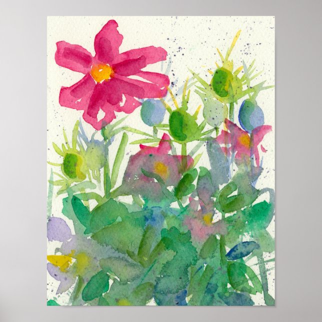 Pink Cosmos Nigella Watercolor Flower Painting Poster (Front)