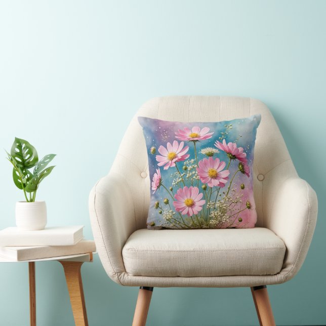 Pink Cosmos Watercolor Cushion (Chair)