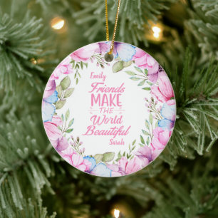 Pink Cosmos Watercolor Floral Wreath Friendship Ceramic Tree Decoration