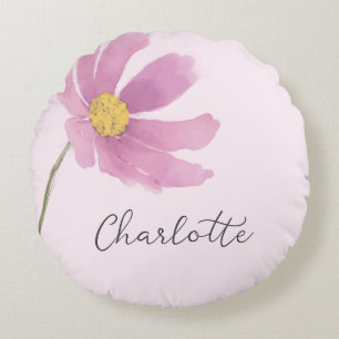 Pink Cosmos Watercolor Flower Custom Name Round Cushion