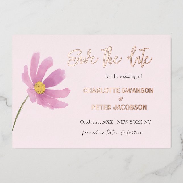 Pink Cosmos Watercolor Flower Save The Date   (Front)