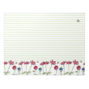 Pink Cosmos Watercolor Flowers Honey Bees Lined Notepad