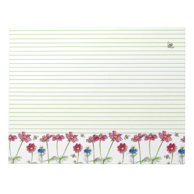 Pink Cosmos Watercolor Flowers Honey Bees Lined Notepad (Front)