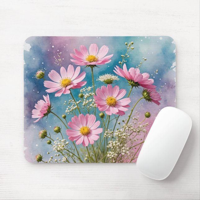 Pink Cosmos Watercolor Mouse Mat (With Mouse)
