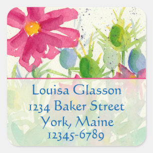 Pink Cosmos Watercolor Wildflowers Return Address Square Sticker