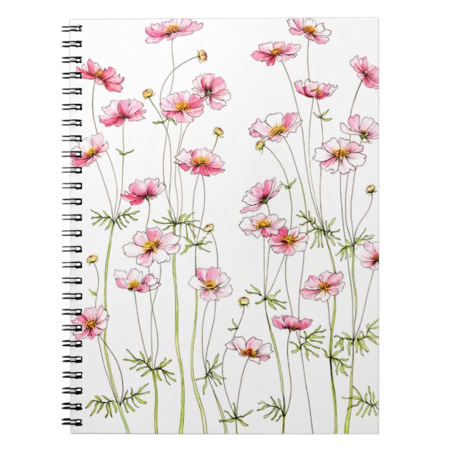 Pink Cosmos Wildflower Hand-Painted Style Floral  Notebook (Front)