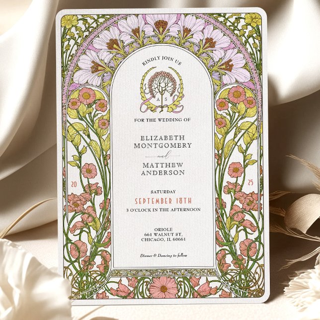 Pink Cosmos & Yellow Wildflowers Art Nouveau Invitation (Creator Uploaded)