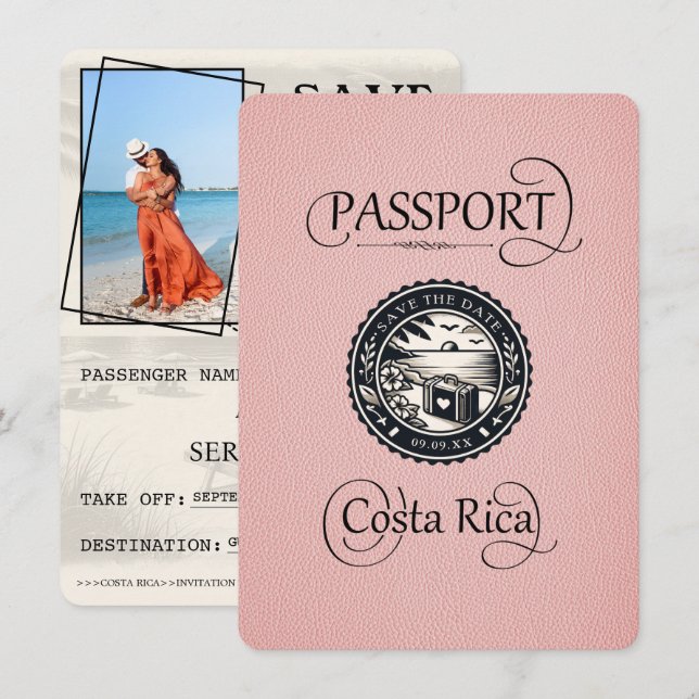 Pink Costa Rica Passport Save The Date (Front/Back)