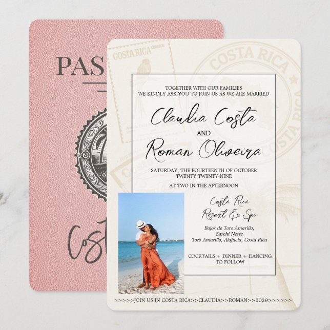 Pink Costa Rica Passport Wedding Invitation (Front/Back)