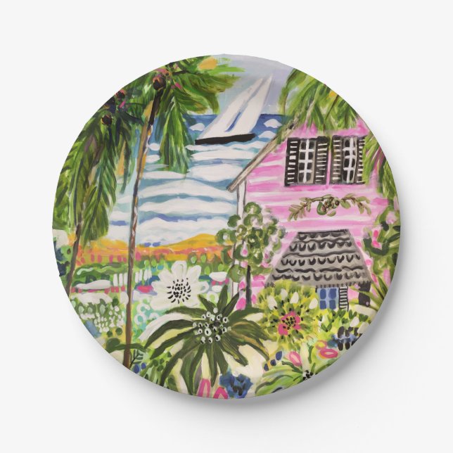 Pink Cottage by the Bay I Paper Plate (Front)