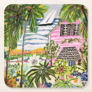Pink Cottage by the Bay I Square Paper Coaster