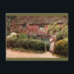 Pink Cottage Mother and Child Postcard<br><div class="desc">Vintage painting c1900 "Haslemere Surrey" by Helen Allingham.  Fine art painting of cottage with sunflowers and hollyhocks.  Mother holding her child in her arms.</div>