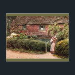 Pink Cottage Mother and Child Postcard<br><div class="desc">Vintage painting c1900 "Haslemere Surrey" by Helen Allingham.  Fine art painting of cottage with sunflowers and hollyhocks.  Mother holding her child in her arms.</div>