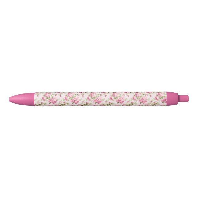 Pink Cottage Rose Black Ink Pen (Front)