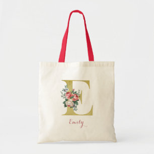 Pink Cottage Rose E Initial Tote Bag - Custom Name