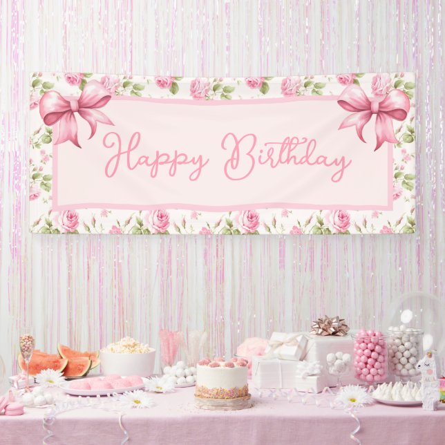 Pink Cottage Rose Happy Birthday Banner (Party)
